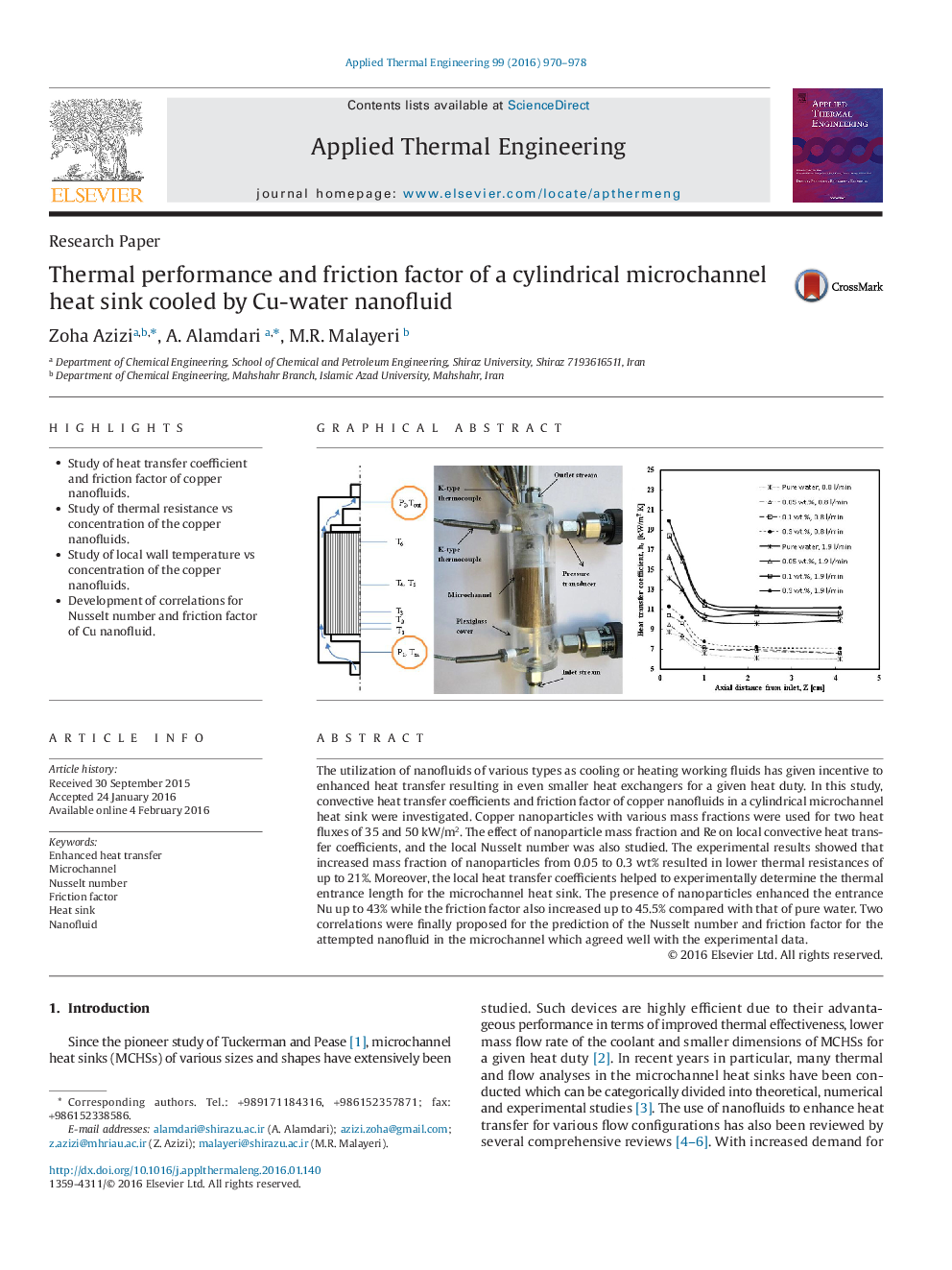 Thermal performance and friction factor of a cylindrical microchannel heat sink cooled by Cu-water nanofluid