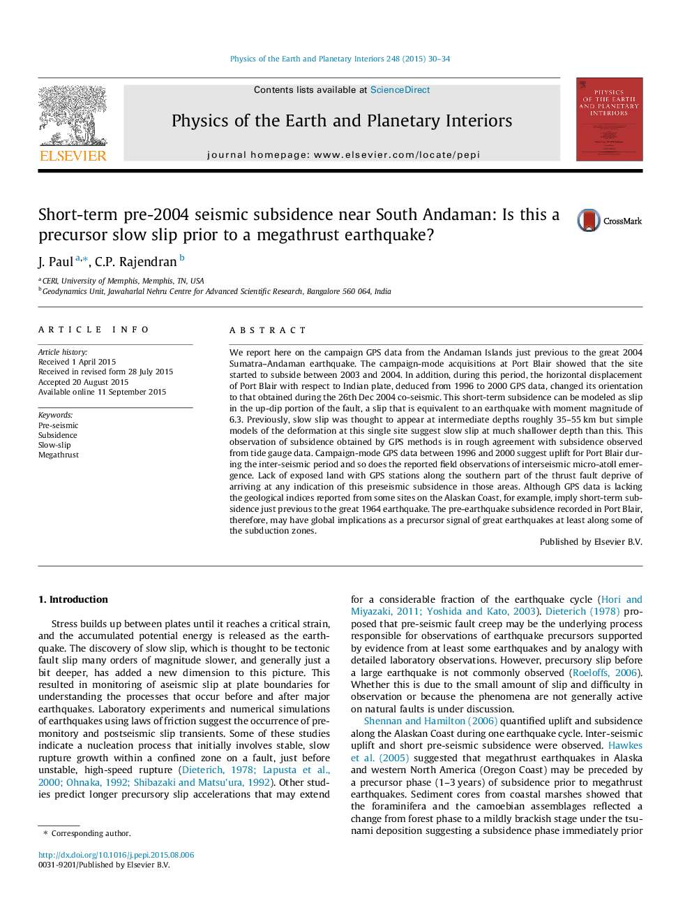 Short-term pre-2004 seismic subsidence near South Andaman: Is this a precursor slow slip prior to a megathrust earthquake?