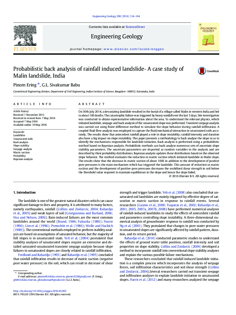 Probabilistic back analysis of rainfall induced landslideâ A case study of Malin landslide, India