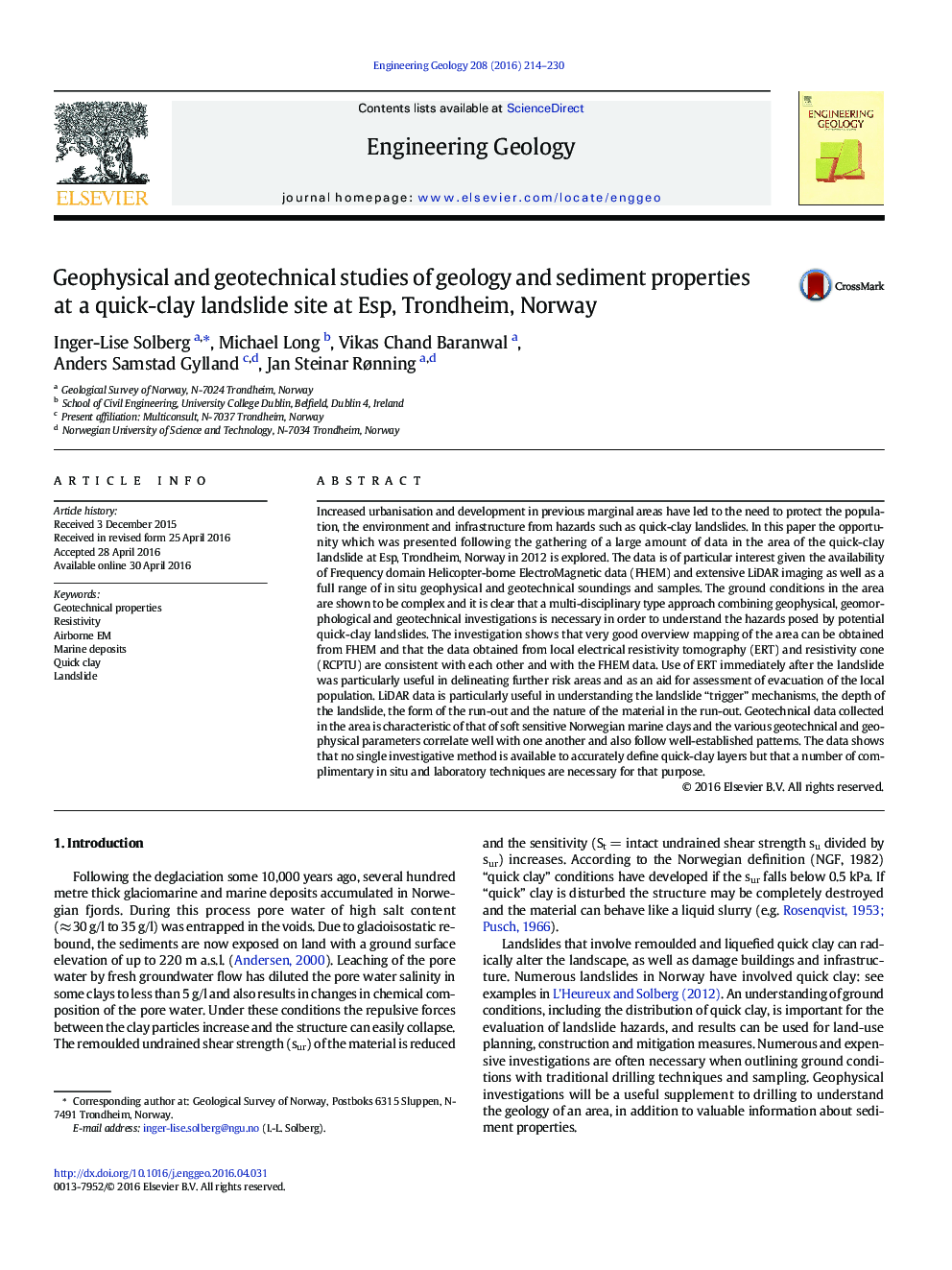 Geophysical and geotechnical studies of geology and sediment properties at a quick-clay landslide site at Esp, Trondheim, Norway