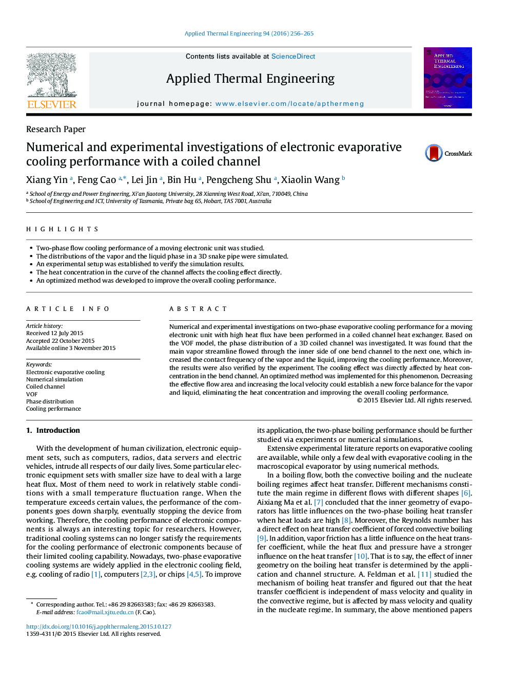 Numerical and experimental investigations of electronic evaporative cooling performance with a coiled channel