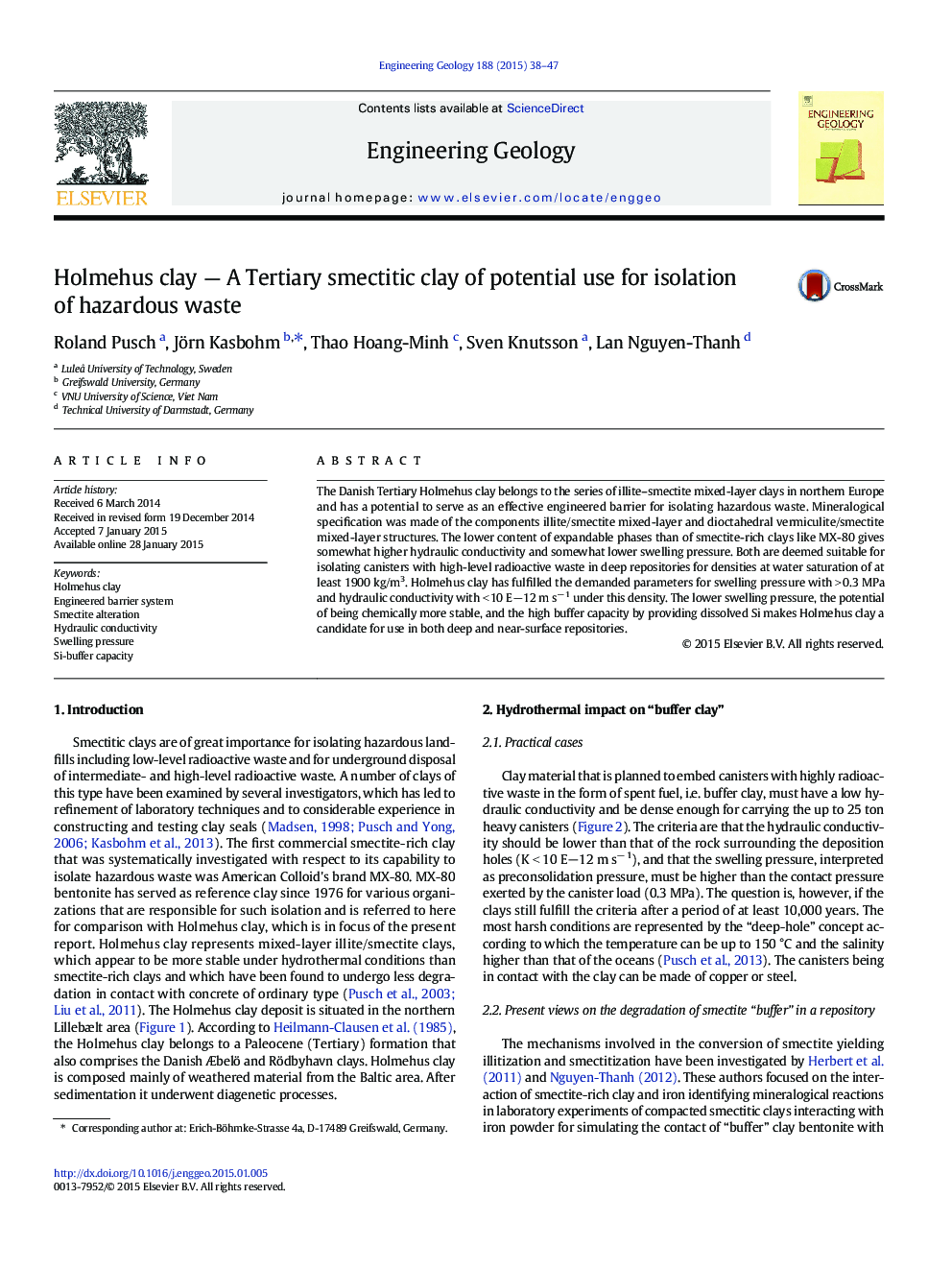 Holmehus clay - A Tertiary smectitic clay of potential use for isolation of hazardous waste