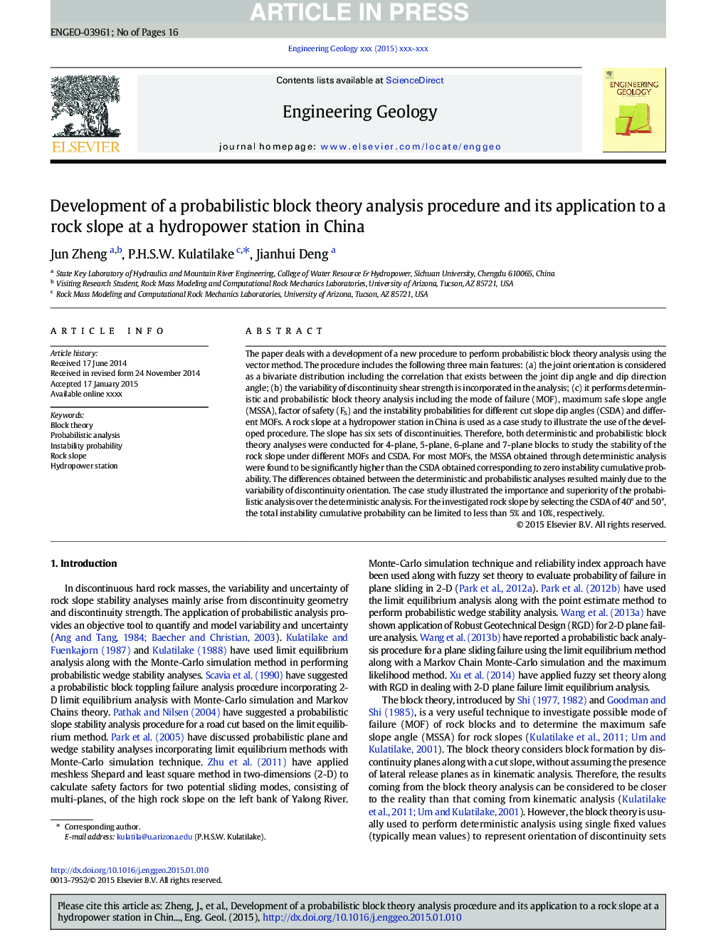 Development of a probabilistic block theory analysis procedure and its application to a rock slope at a hydropower station in China