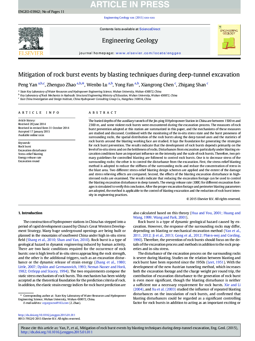 Mitigation of rock burst events by blasting techniques during deep-tunnel excavation