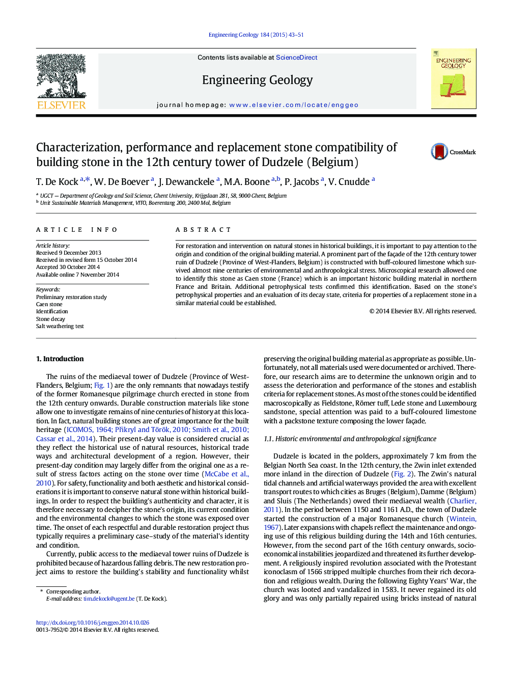 Characterization, performance and replacement stone compatibility of building stone in the 12th century tower of Dudzele (Belgium)