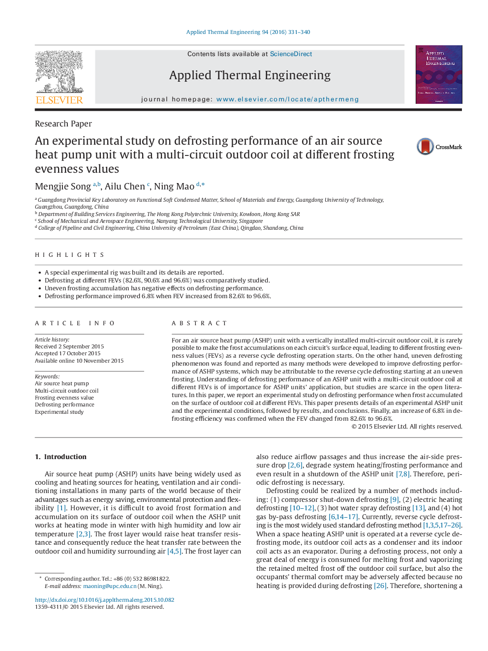 An experimental study on defrosting performance of an air source heat pump unit with a multi-circuit outdoor coil at different frosting evenness values