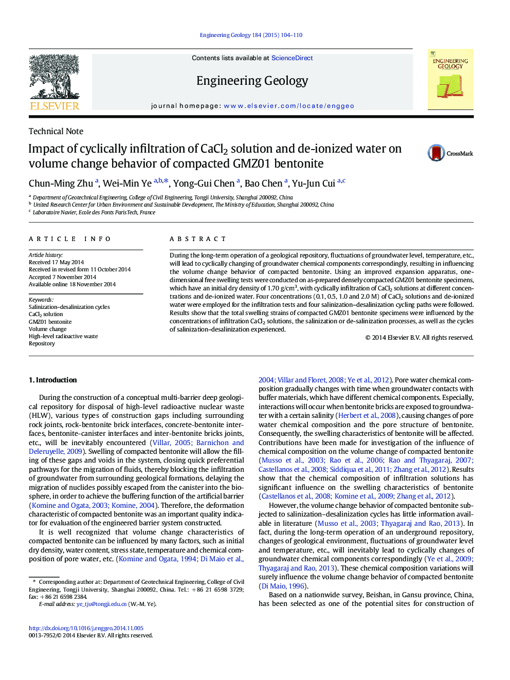 Impact of cyclically infiltration of CaCl2 solution and de-ionized water on volume change behavior of compacted GMZ01 bentonite