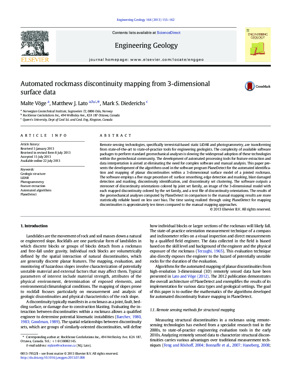 Automated rockmass discontinuity mapping from 3-dimensional surface data