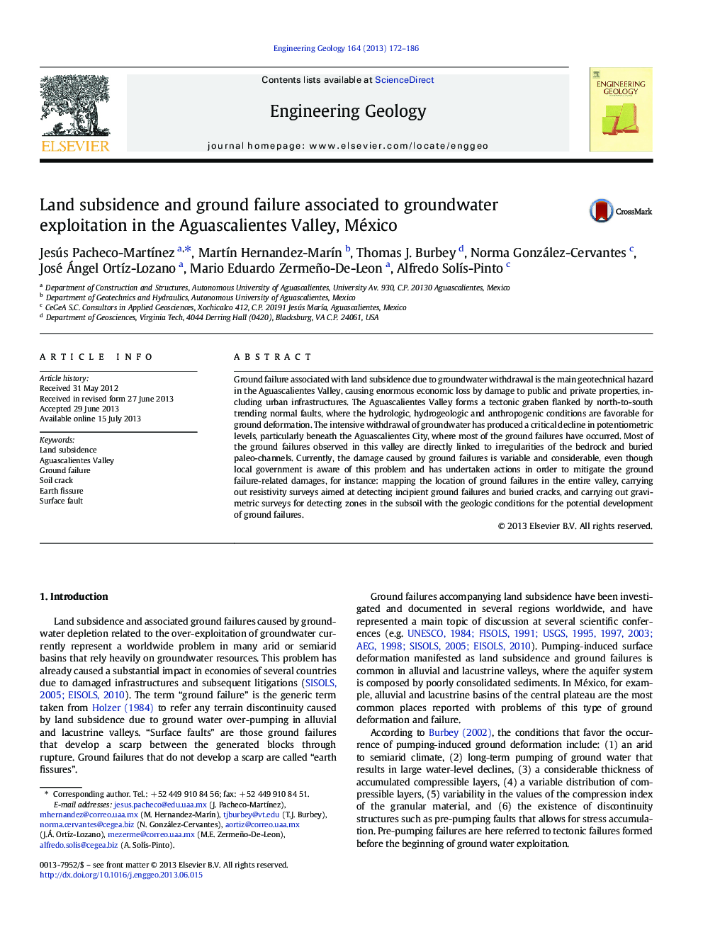 Land subsidence and ground failure associated to groundwater exploitation in the Aguascalientes Valley, México