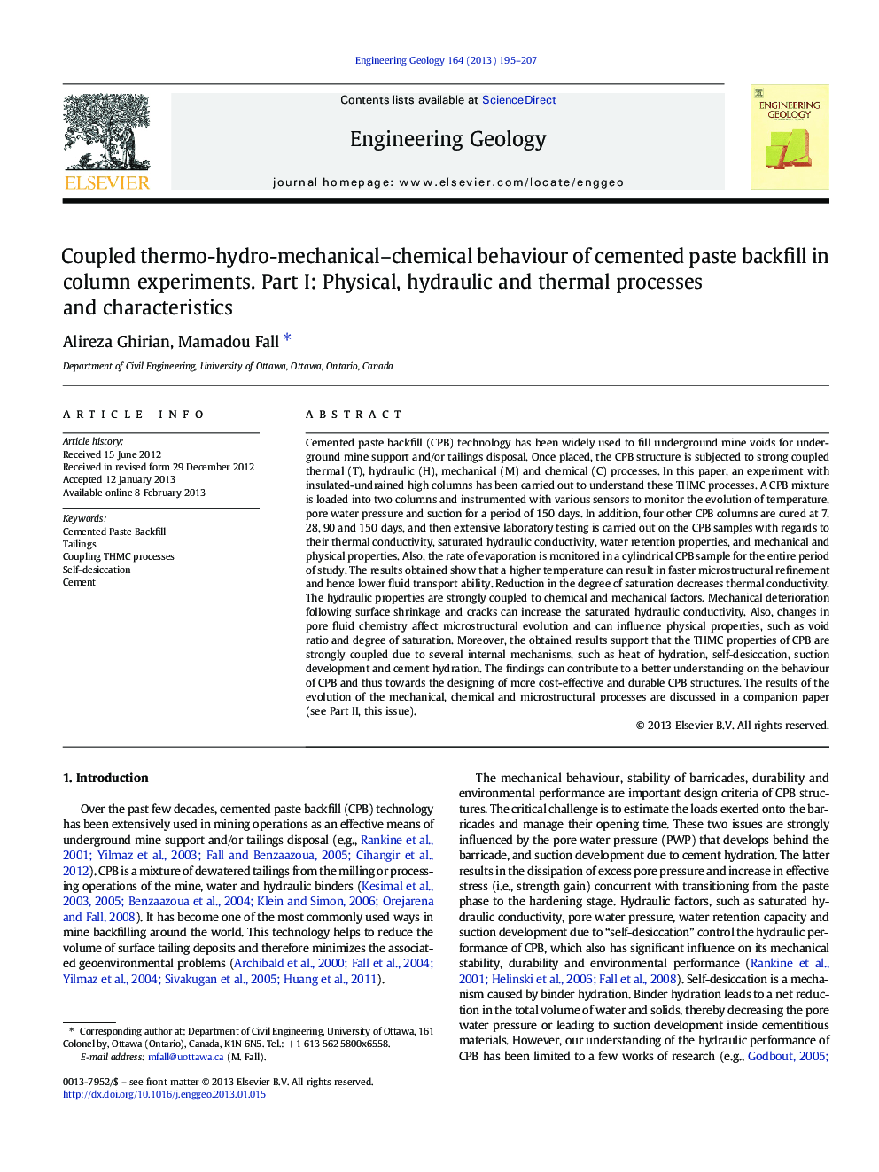 Coupled thermo-hydro-mechanical-chemical behaviour of cemented paste backfill in column experiments. Part I: Physical, hydraulic and thermal processes and characteristics