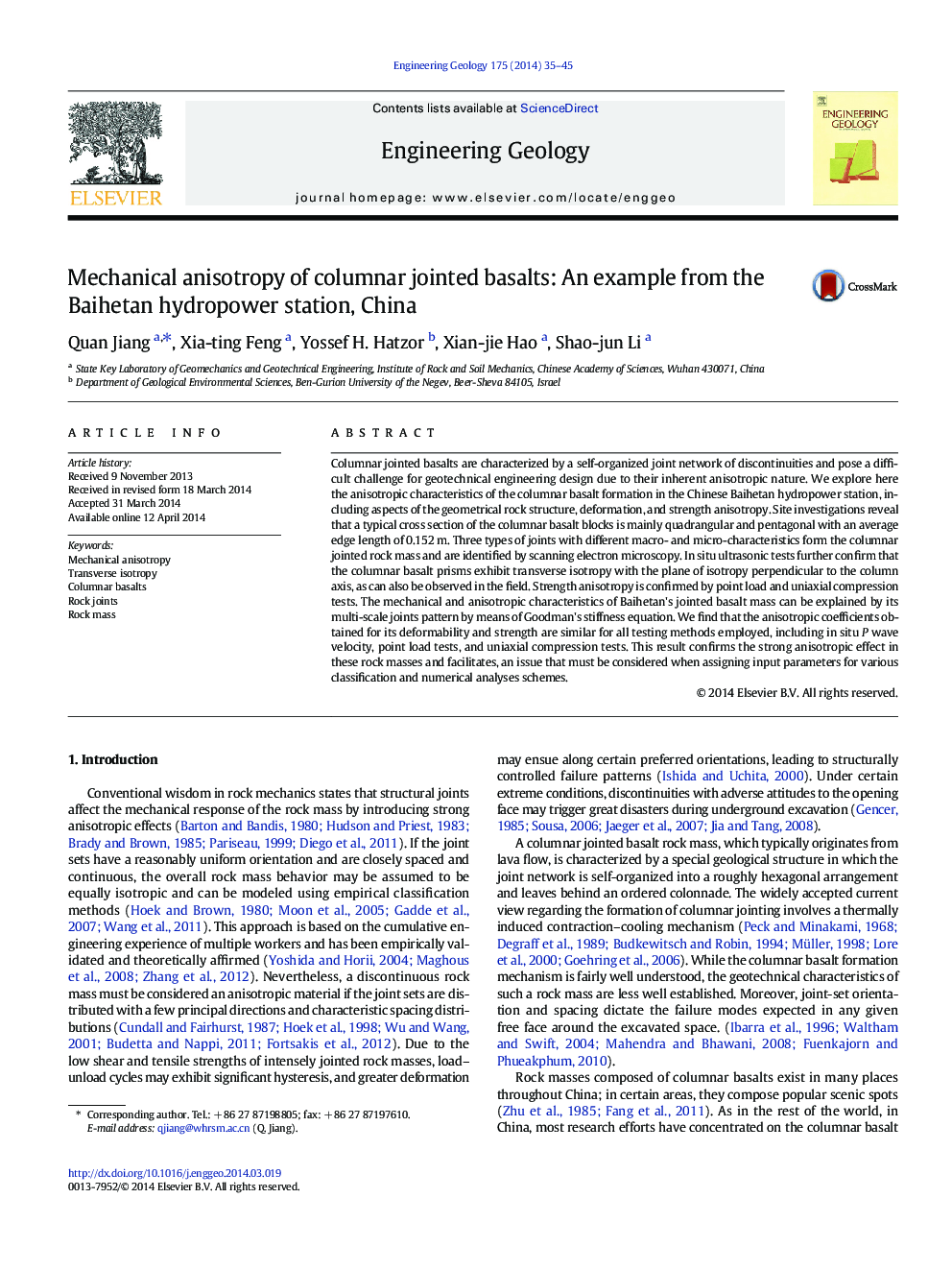 Mechanical anisotropy of columnar jointed basalts: An example from the Baihetan hydropower station, China