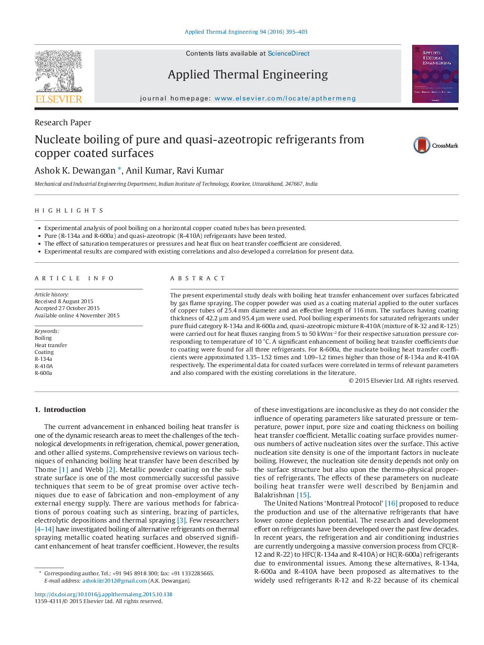 Nucleate boiling of pure and quasi-azeotropic refrigerants from copper coated surfaces