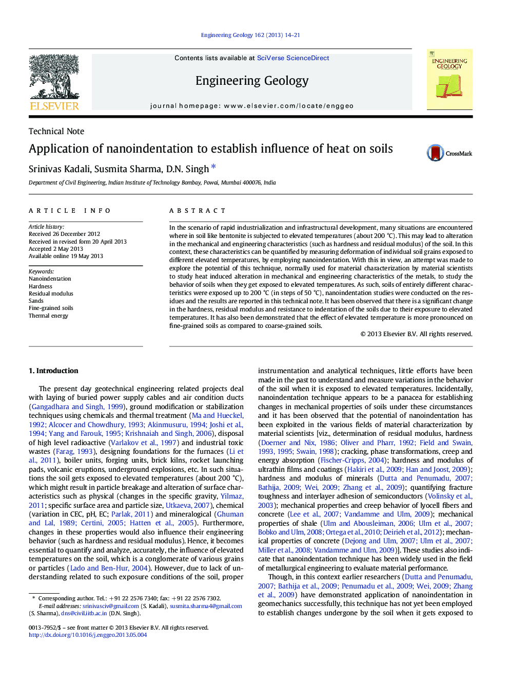 Application of nanoindentation to establish influence of heat on soils