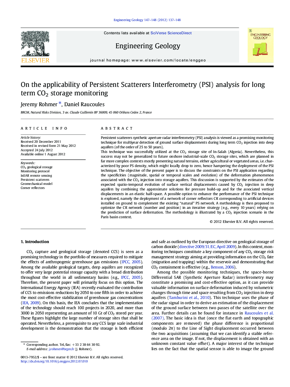 On the applicability of Persistent Scatterers Interferometry (PSI) analysis for long term CO2 storage monitoring