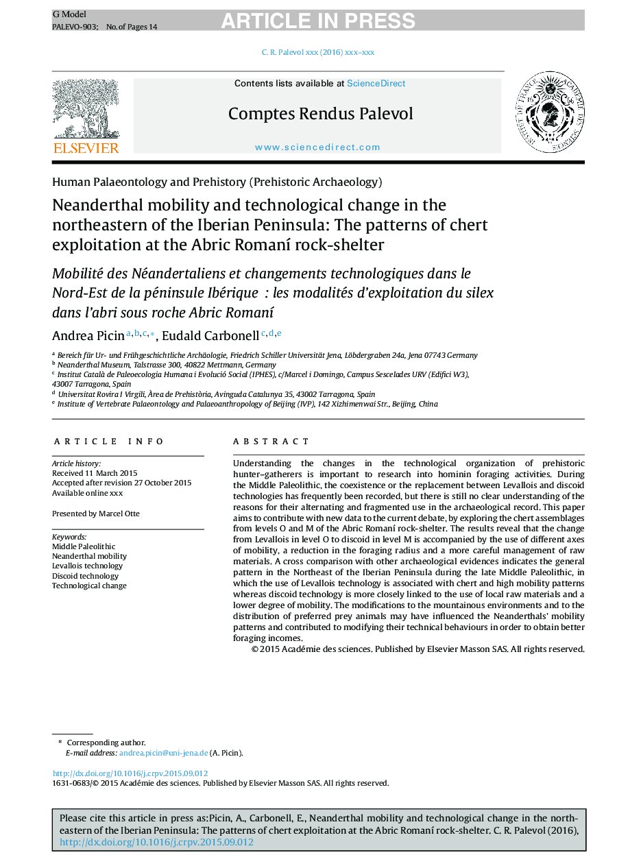 Neanderthal mobility and technological change in the northeastern of the Iberian Peninsula: The patterns of chert exploitation at the Abric RomanÃ­ rock-shelter