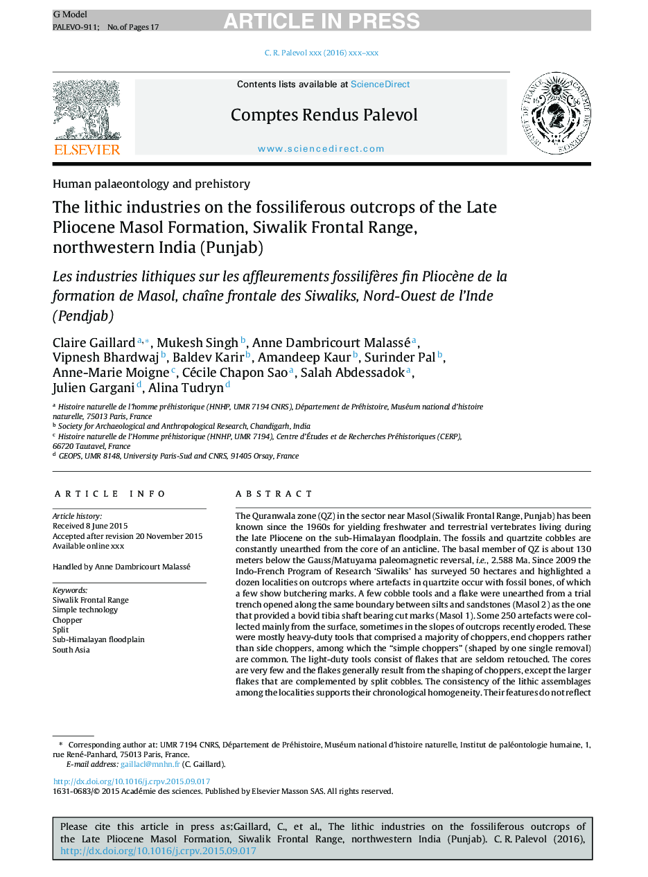 The lithic industries on the fossiliferous outcrops of the Late Pliocene Masol Formation, Siwalik Frontal Range, northwestern India (Punjab)