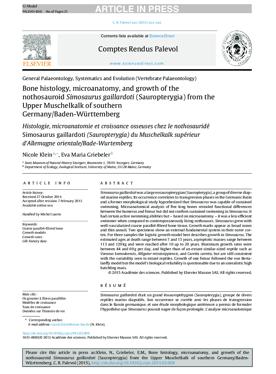 Bone histology, microanatomy, and growth of the nothosauroid Simosaurus gaillardoti (Sauropterygia) from the Upper Muschelkalk of southern Germany/Baden-Württemberg