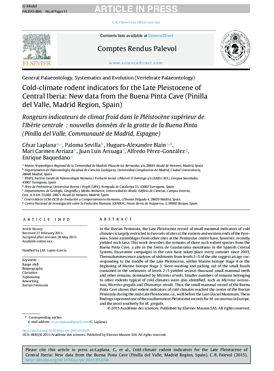 Cold-climate rodent indicators for the Late Pleistocene of Central Iberia: New data from the Buena Pinta Cave (Pinilla del Valle, Madrid Region, Spain)