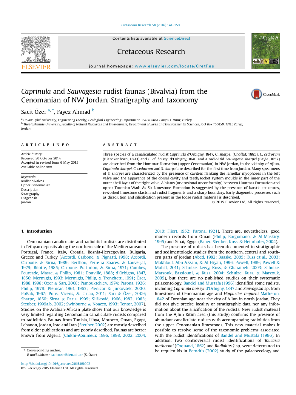 Caprinula and Sauvagesia rudist faunas (Bivalvia) from the Cenomanian of NW Jordan. Stratigraphy and taxonomy