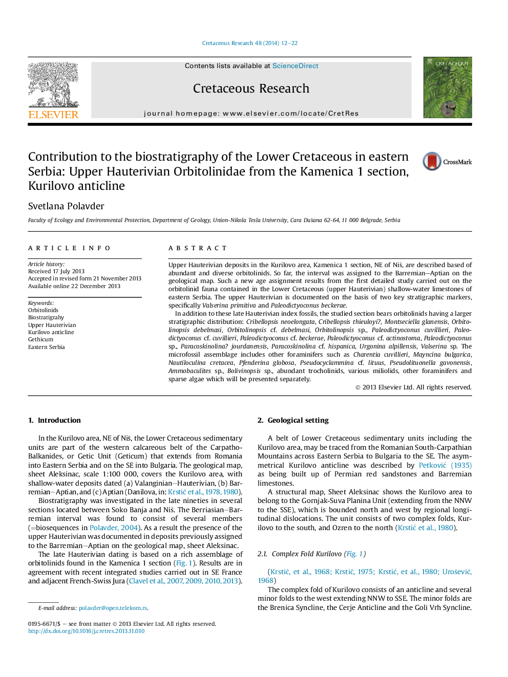 Contribution to the biostratigraphy of the Lower Cretaceous in eastern Serbia: Upper Hauterivian Orbitolinidae from the Kamenica 1 section, Kurilovo anticline