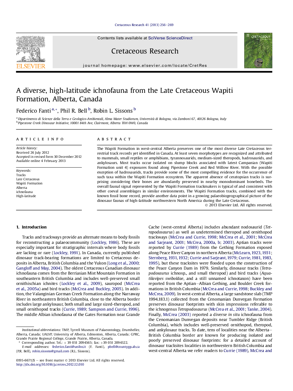 A diverse, high-latitude ichnofauna from the Late Cretaceous Wapiti Formation, Alberta, Canada