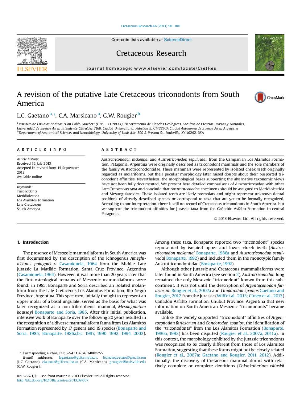 A revision of the putative Late Cretaceous triconodonts from South America