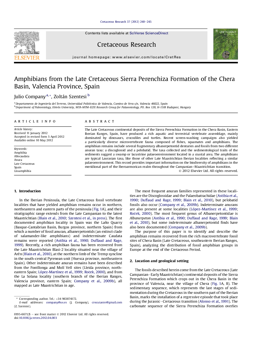 Amphibians from the Late Cretaceous Sierra Perenchiza Formation of the Chera Basin, Valencia Province, Spain