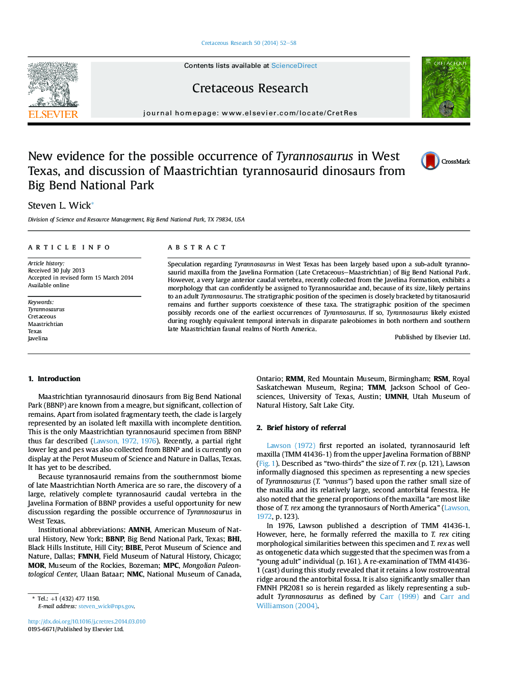 New evidence for the possible occurrence of Tyrannosaurus in West Texas, and discussion of Maastrichtian tyrannosaurid dinosaurs from Big Bend National Park