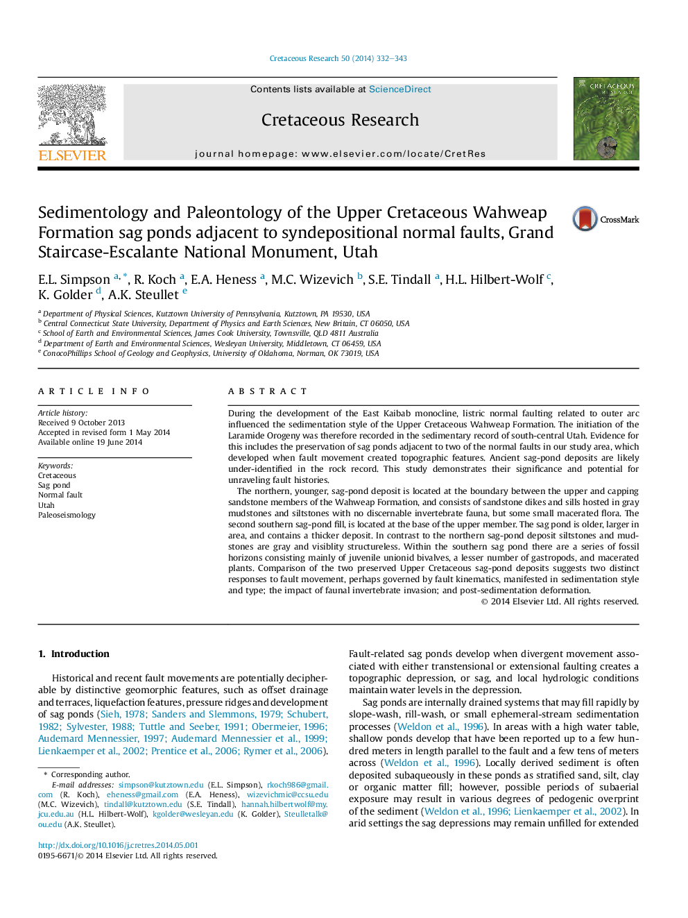 Sedimentology and Paleontology of the Upper Cretaceous Wahweap Formation sag ponds adjacent to syndepositional normal faults, Grand Staircase-Escalante National Monument, Utah