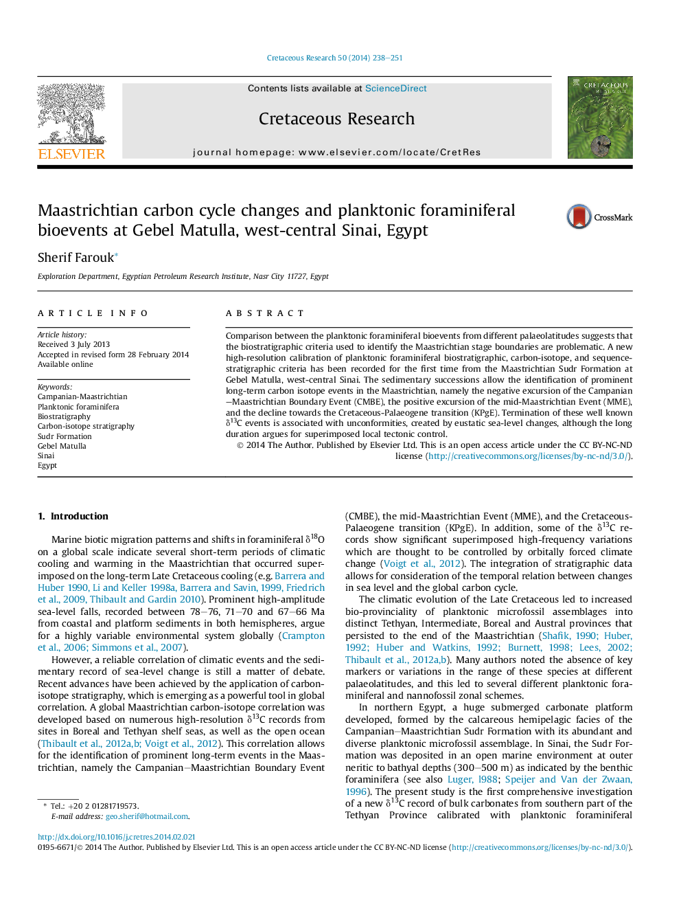 Maastrichtian carbon cycle changes and planktonic foraminiferal bioevents at Gebel Matulla, west-central Sinai, Egypt