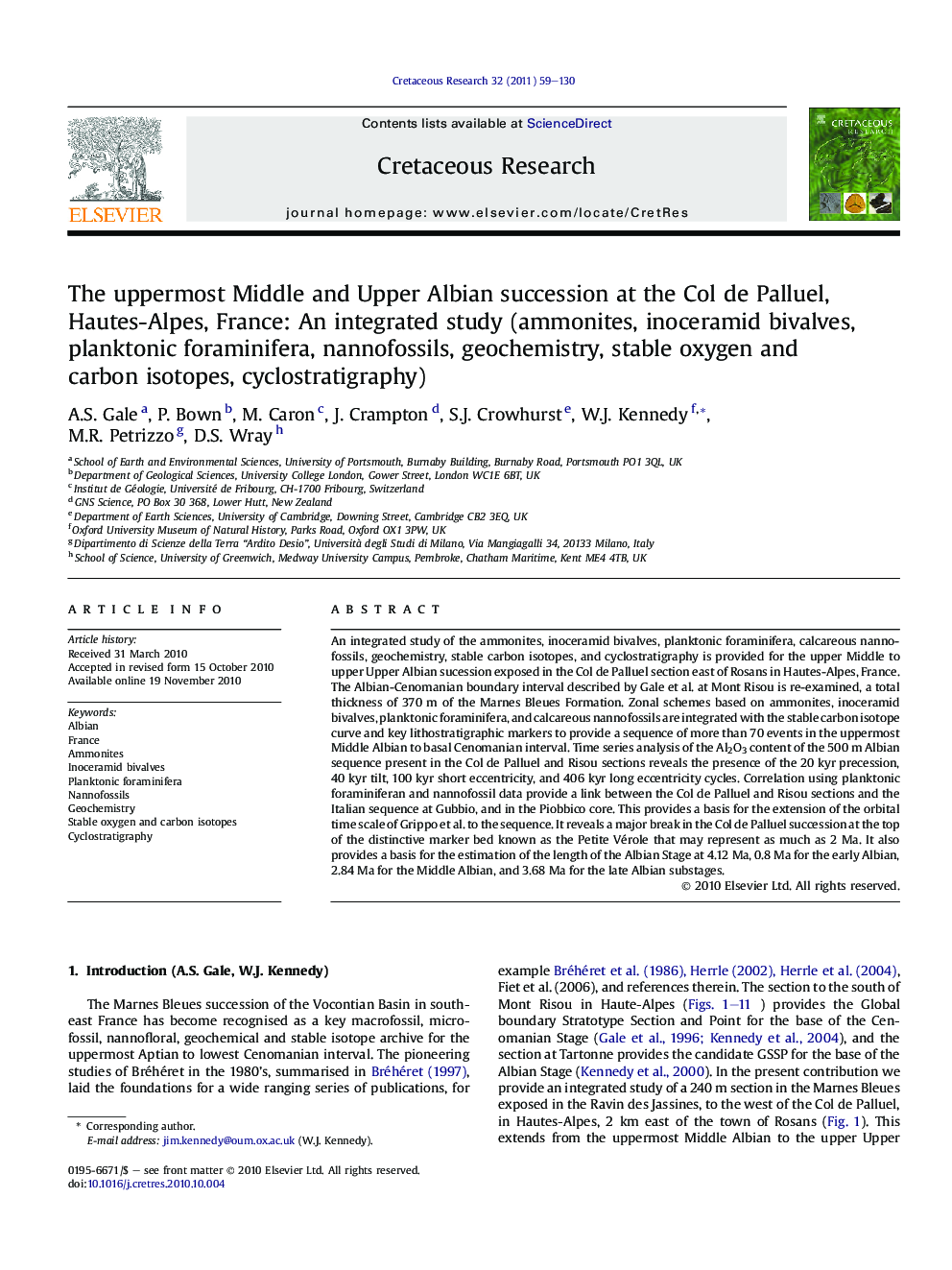 The uppermost Middle and Upper Albian succession at the Col de Palluel, Hautes-Alpes, France: An integrated study (ammonites, inoceramid bivalves, planktonic foraminifera, nannofossils, geochemistry, stable oxygen and carbon isotopes, cyclostratigraphy)