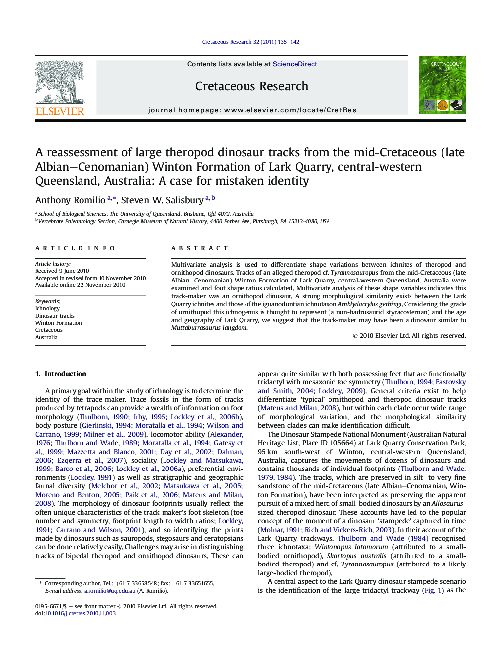 A reassessment of large theropod dinosaur tracks from the mid-Cretaceous (late Albian-Cenomanian) Winton Formation of Lark Quarry, central-western Queensland, Australia: A case for mistaken identity