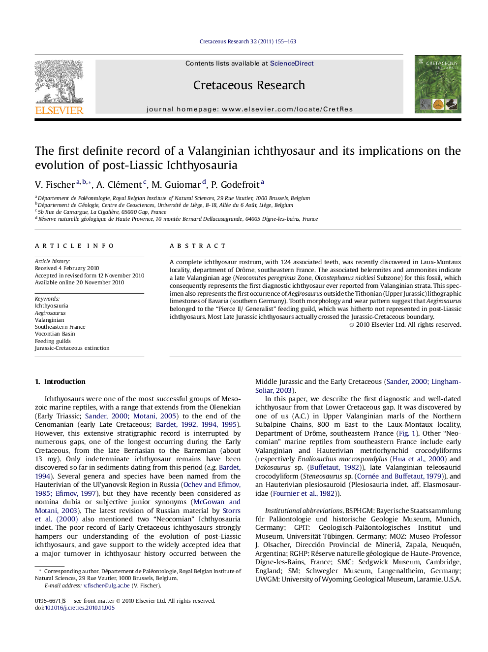 The first definite record of a Valanginian ichthyosaur and its implications on the evolution of post-Liassic Ichthyosauria