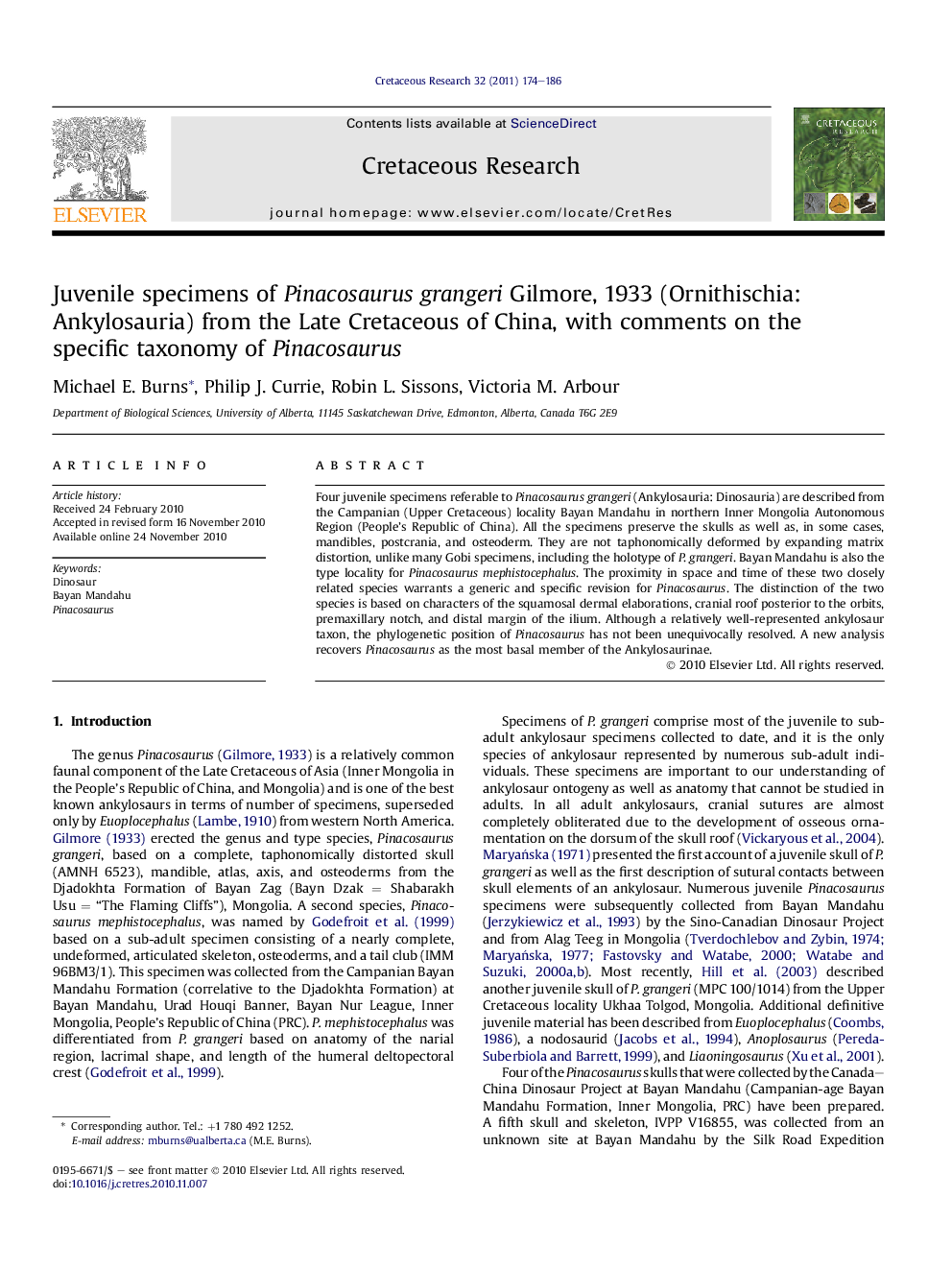 Juvenile specimens of Pinacosaurus grangeri Gilmore, 1933 (Ornithischia: Ankylosauria) from the Late Cretaceous of China, with comments on the specific taxonomy of Pinacosaurus