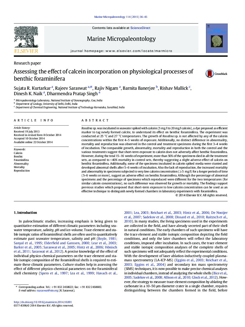 Research paperAssessing the effect of calcein incorporation on physiological processes of benthic foraminifera