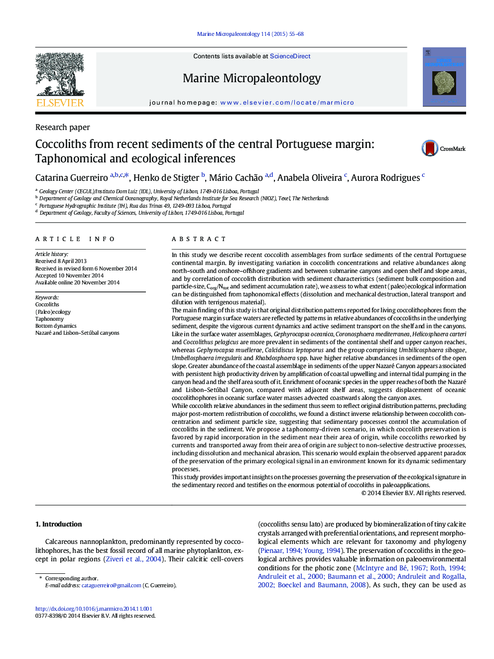 Coccoliths from recent sediments of the central Portuguese margin: Taphonomical and ecological inferences