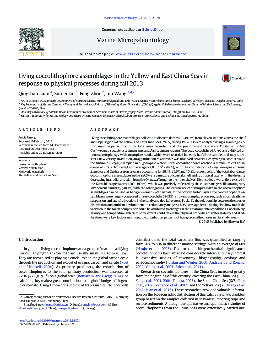 Living coccolithophore assemblages in the Yellow and East China Seas in response to physical processes during fall 2013