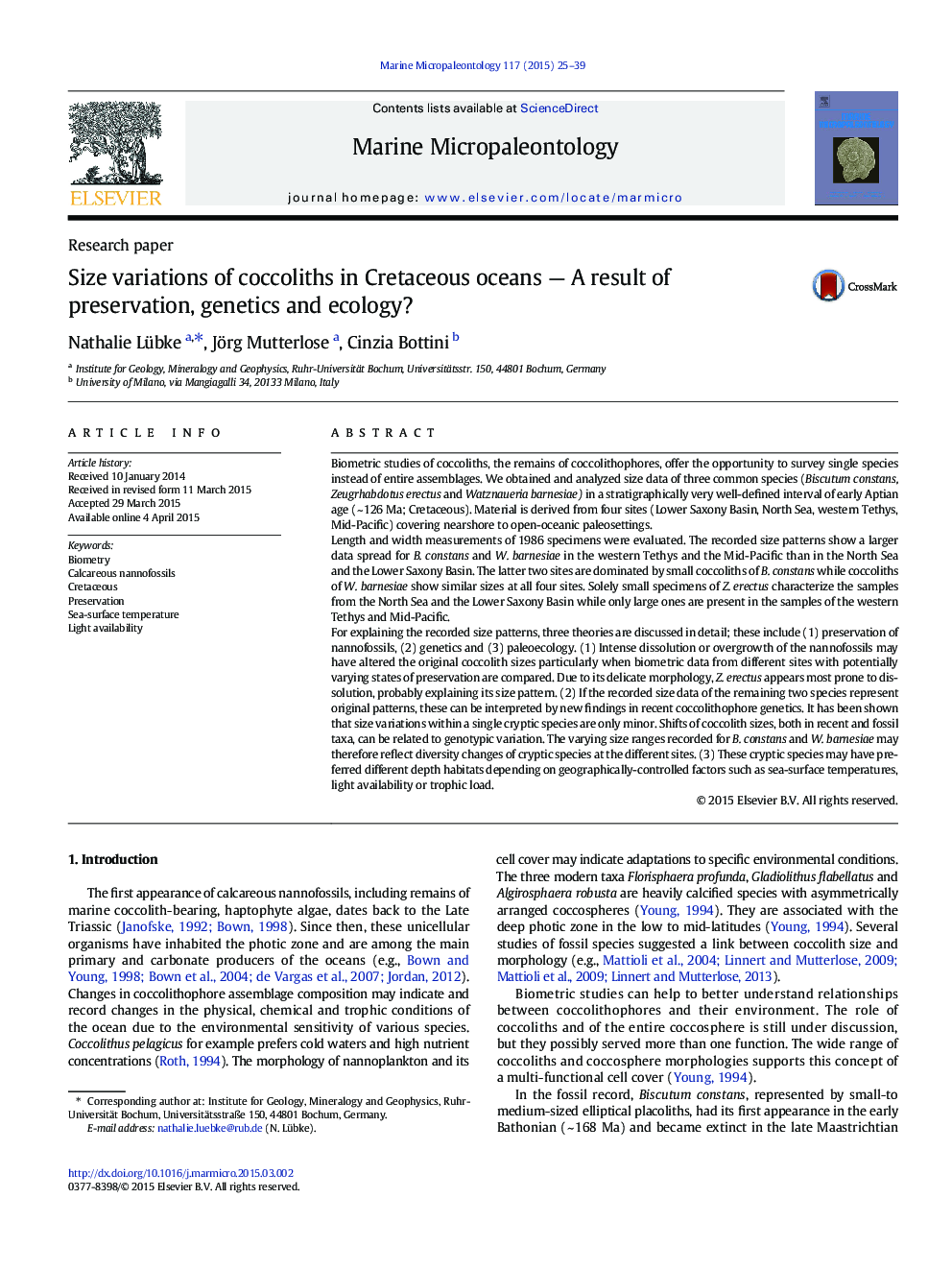 Size variations of coccoliths in Cretaceous oceans - A result of preservation, genetics and ecology?