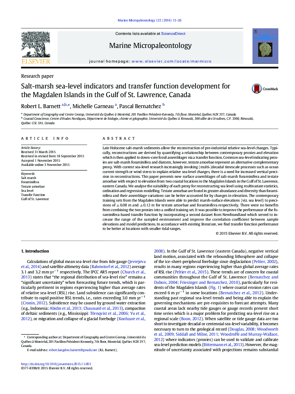 Salt-marsh sea-level indicators and transfer function development for the Magdalen Islands in the Gulf of St. Lawrence, Canada