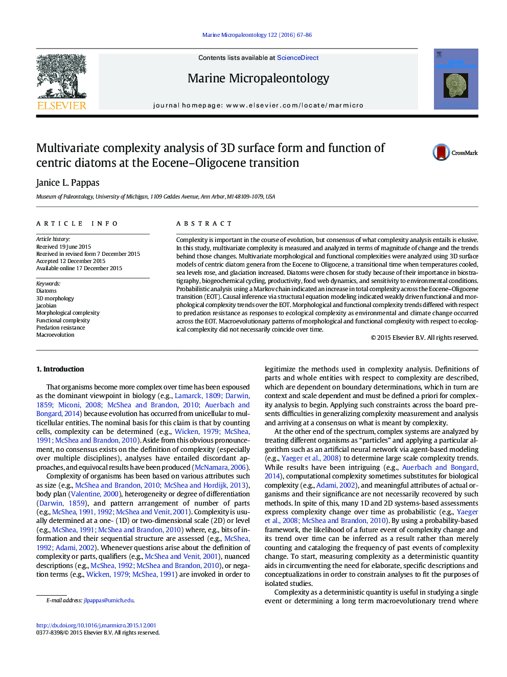 Multivariate complexity analysis of 3D surface form and function of centric diatoms at the Eocene-Oligocene transition