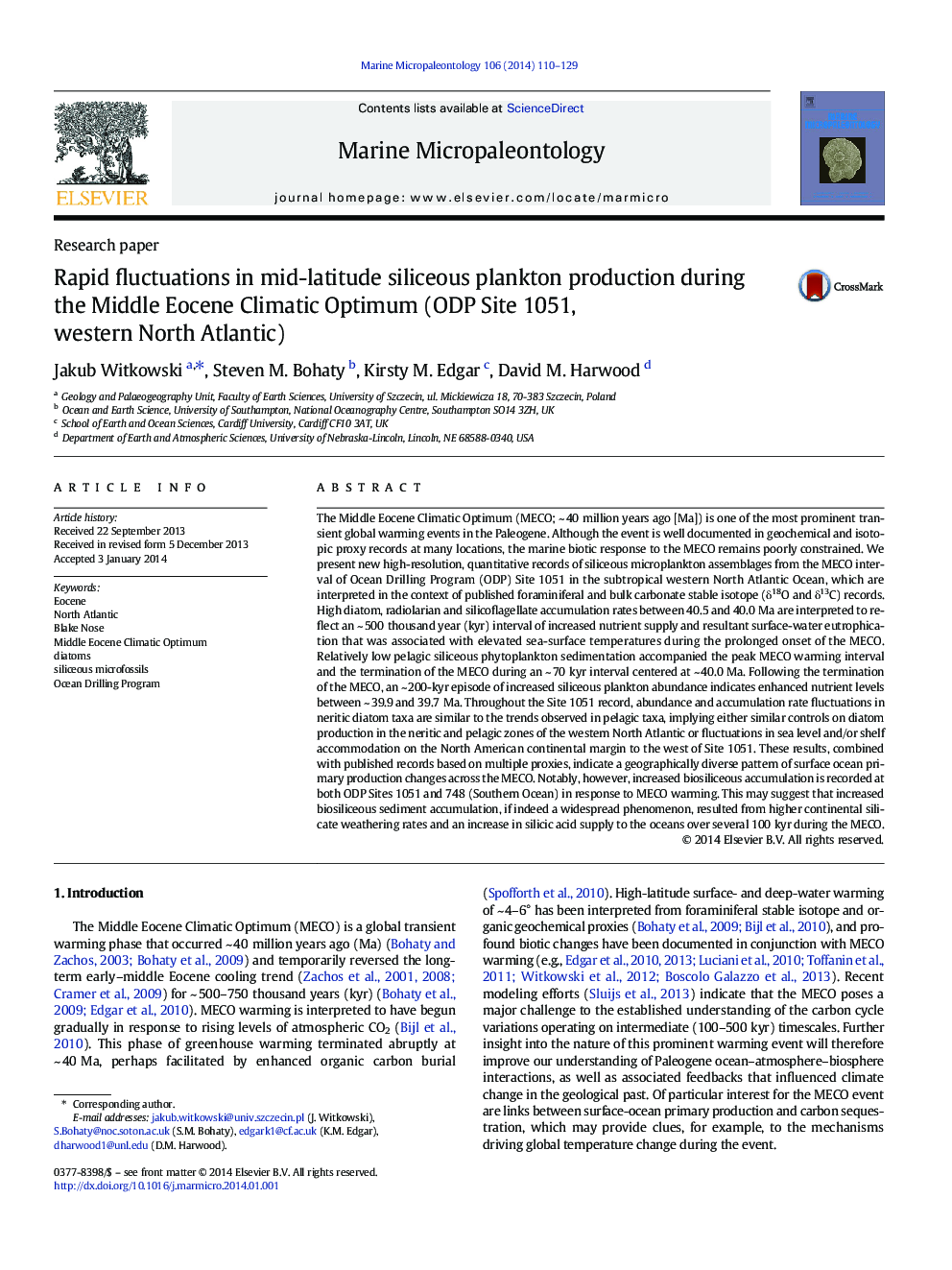 Rapid fluctuations in mid-latitude siliceous plankton production during the Middle Eocene Climatic Optimum (ODP Site 1051, western North Atlantic)