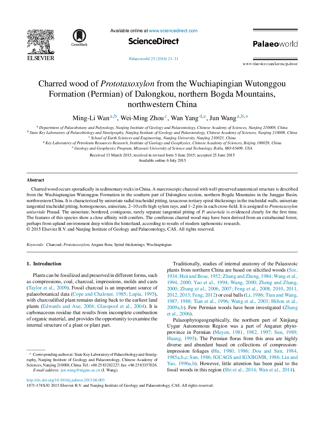 Charred wood of Prototaxoxylon from the Wuchiapingian Wutonggou Formation (Permian) of Dalongkou, northern Bogda Mountains, northwestern China