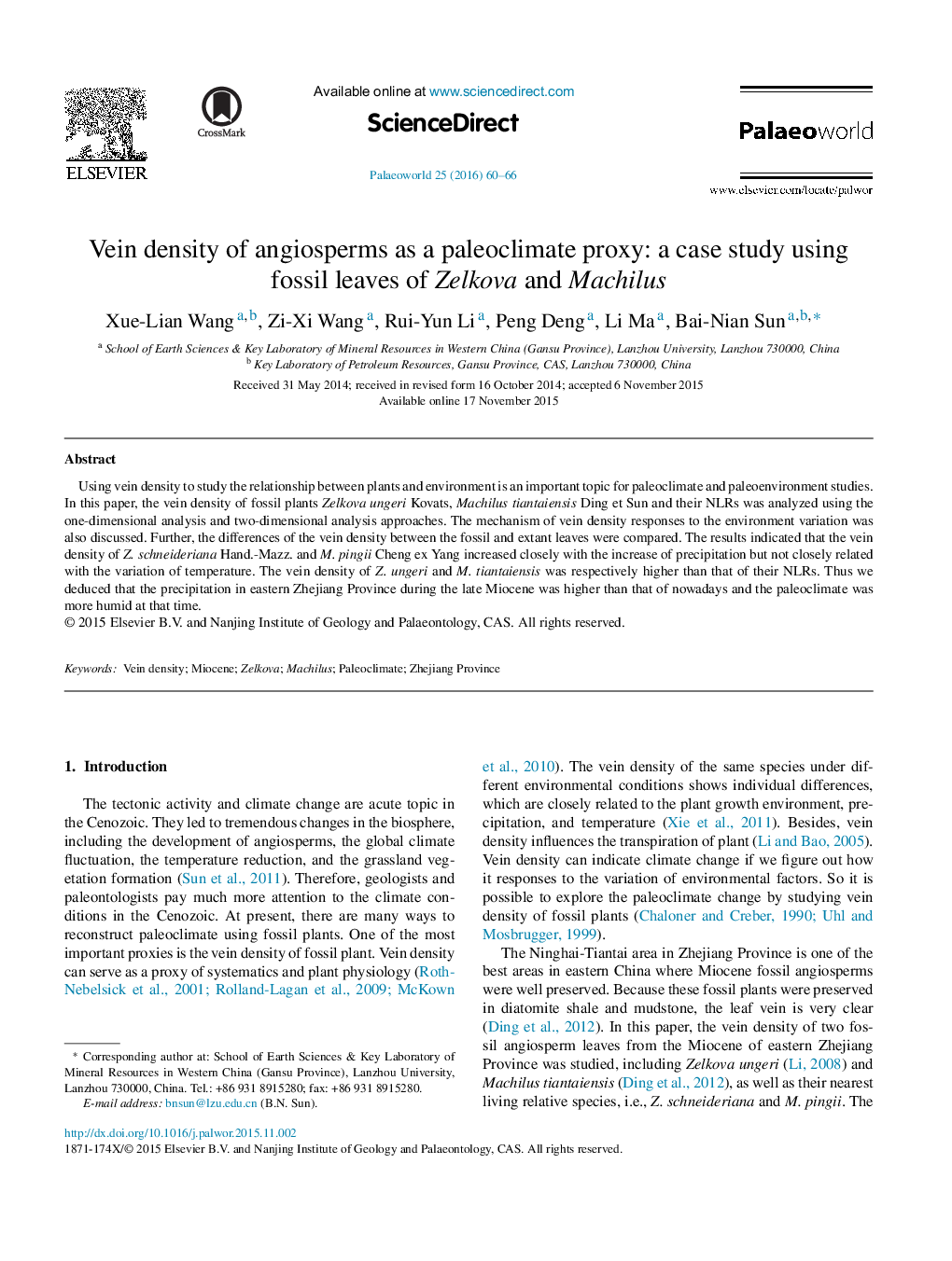 Vein density of angiosperms as a paleoclimate proxy: a case study using fossil leaves of Zelkova and Machilus