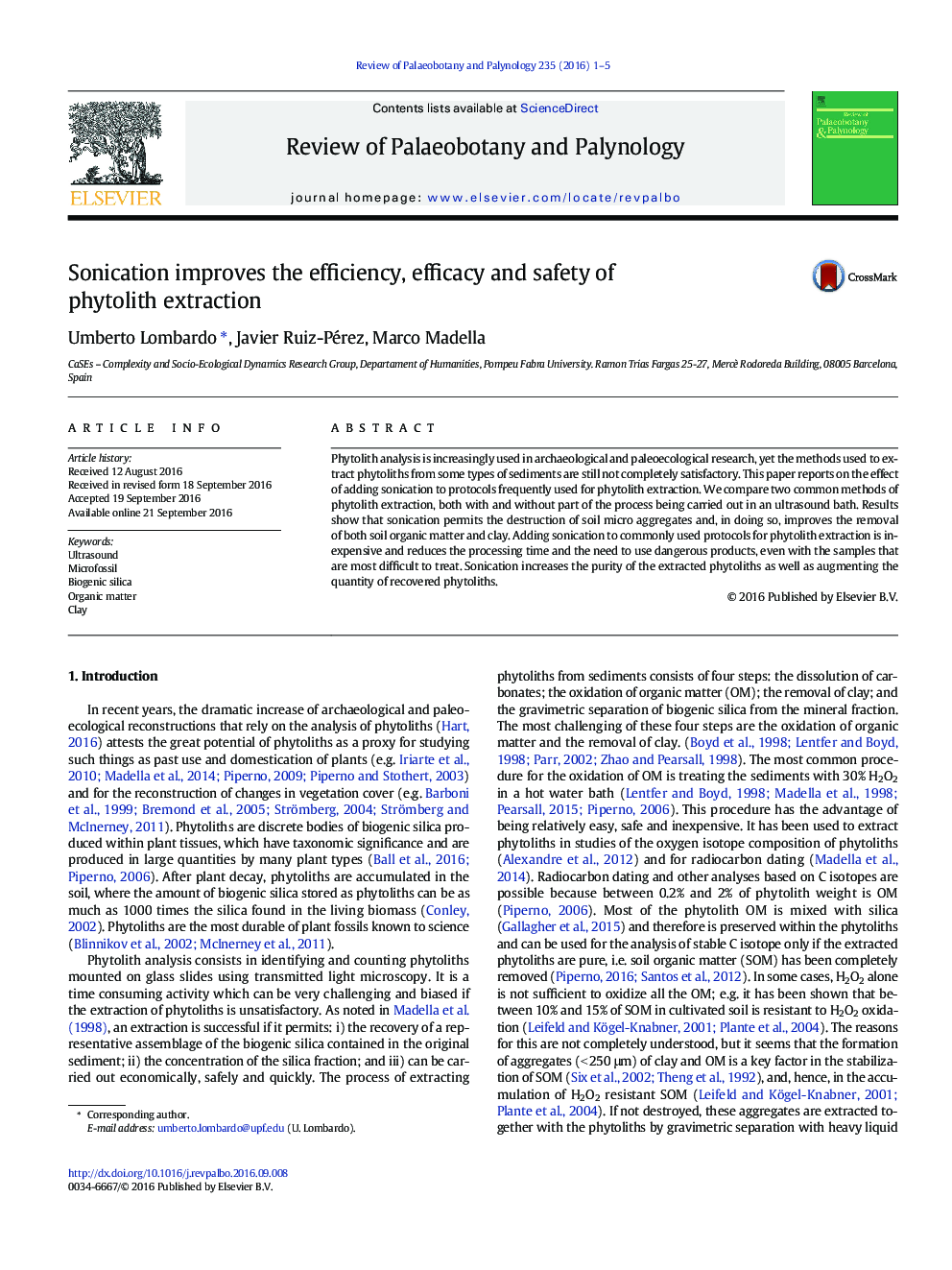 Sonication improves the efficiency, efficacy and safety of phytolith extraction