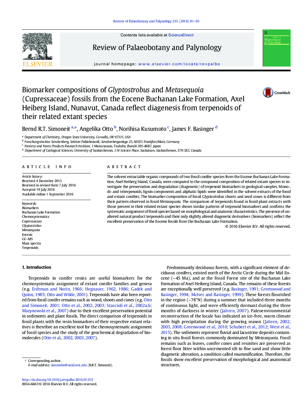 Biomarker compositions of Glyptostrobus and Metasequoia (Cupressaceae) fossils from the Eocene Buchanan Lake Formation, Axel Heiberg Island, Nunavut, Canada reflect diagenesis from terpenoids of their related extant species