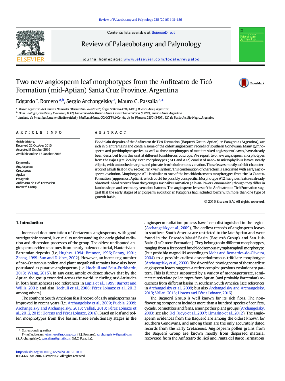 Two new angiosperm leaf morphotypes from the Anfiteatro de Ticó Formation (mid-Aptian) Santa Cruz Province, Argentina