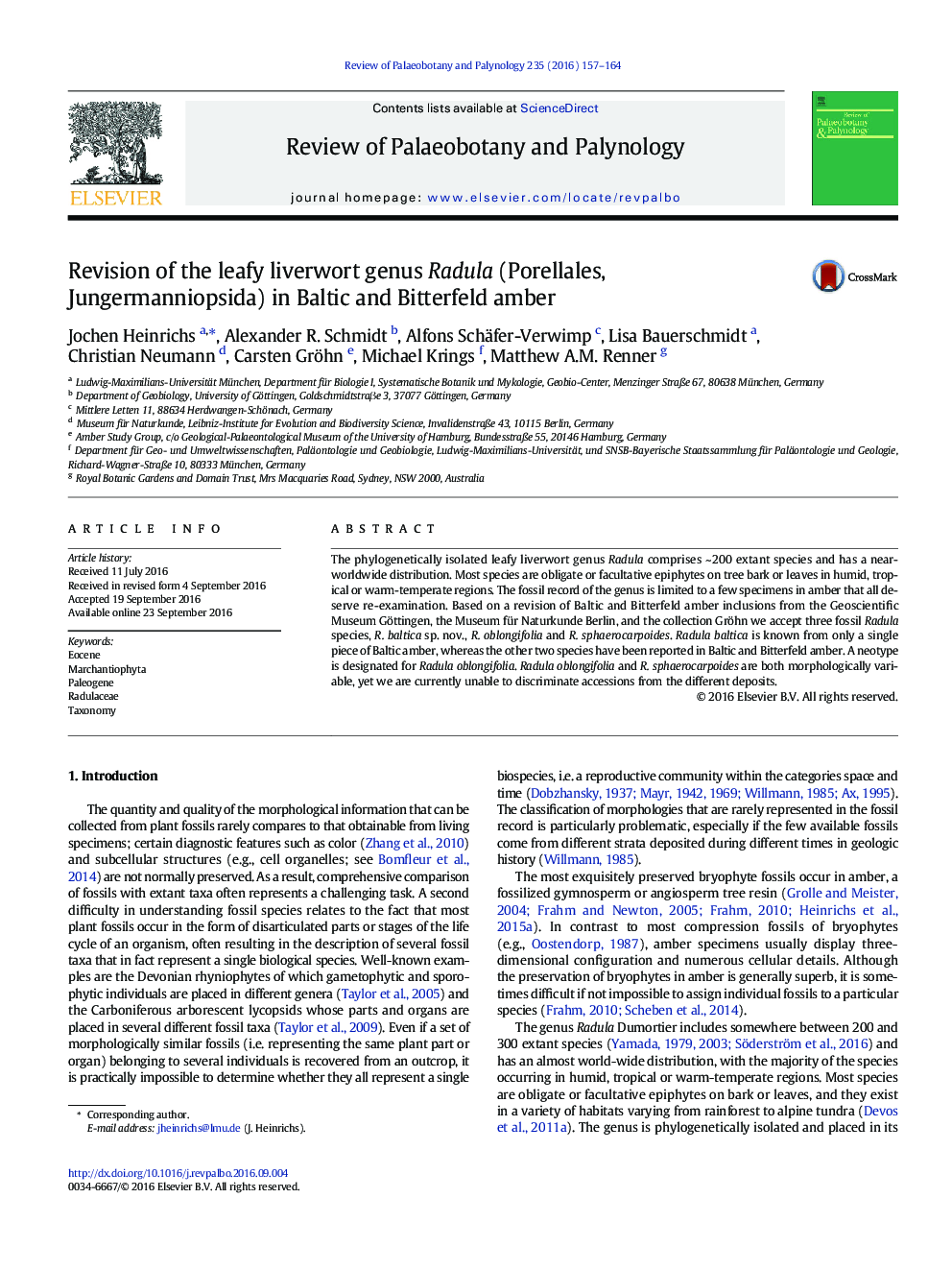 Revision of the leafy liverwort genus Radula (Porellales, Jungermanniopsida) in Baltic and Bitterfeld amber