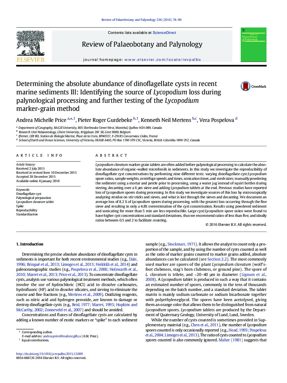 Determining the absolute abundance of dinoflagellate cysts in recent marine sediments III: Identifying the source of Lycopodium loss during palynological processing and further testing of the Lycopodium marker-grain method