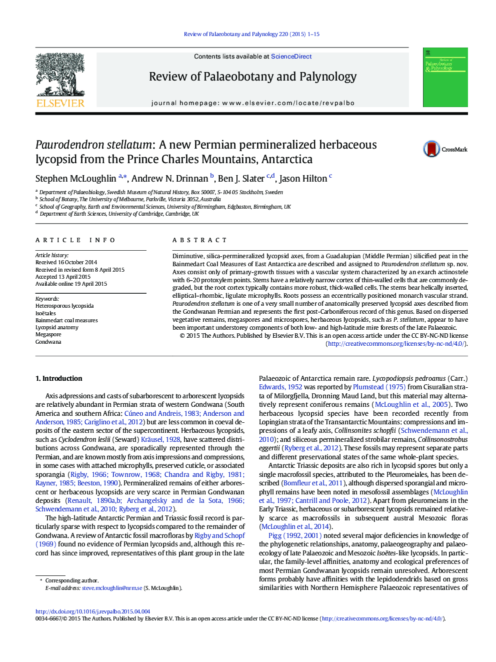 Paurodendron stellatum: A new Permian permineralized herbaceous lycopsid from the Prince Charles Mountains, Antarctica