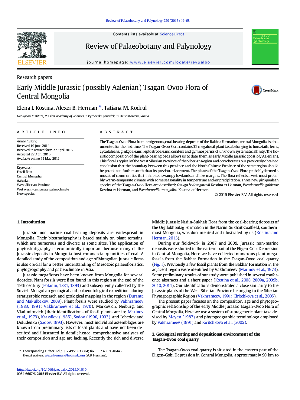 Early Middle Jurassic (possibly Aalenian) Tsagan-Ovoo Flora of Central Mongolia